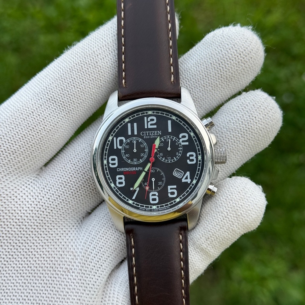 Citizen eco drive Chronograph with Black Dial and Brown Strap - Picture 5 of 9
